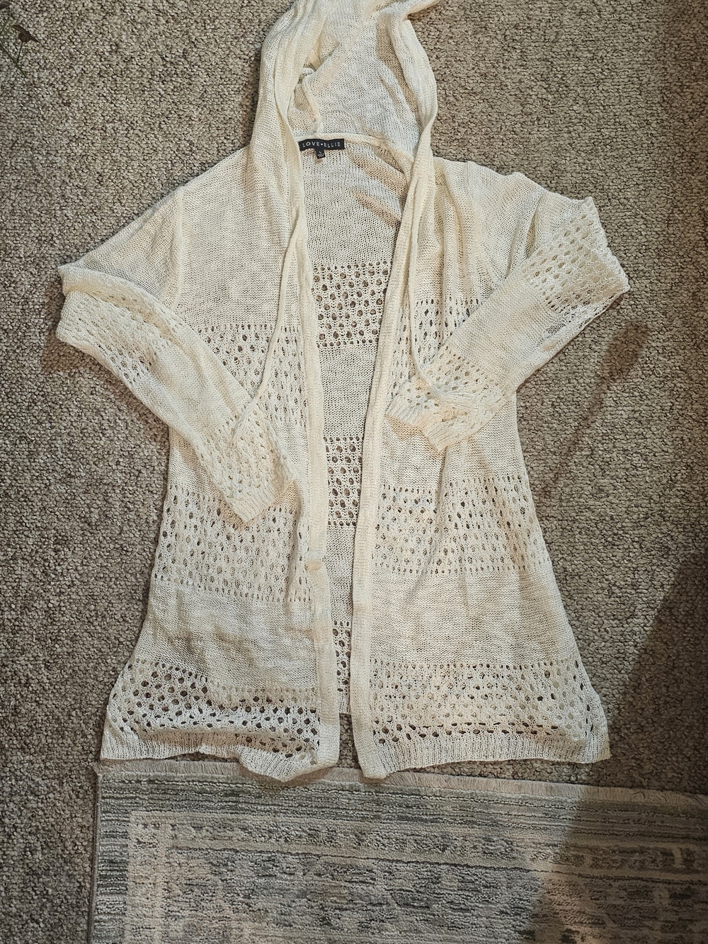 Hooded Open-Knit Cardigan in White Sz L